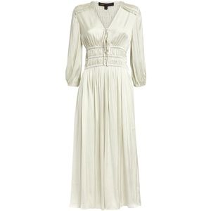 Maje Rinca Fit and Flare pale sage green satin balloon sleeve midi dress size 6